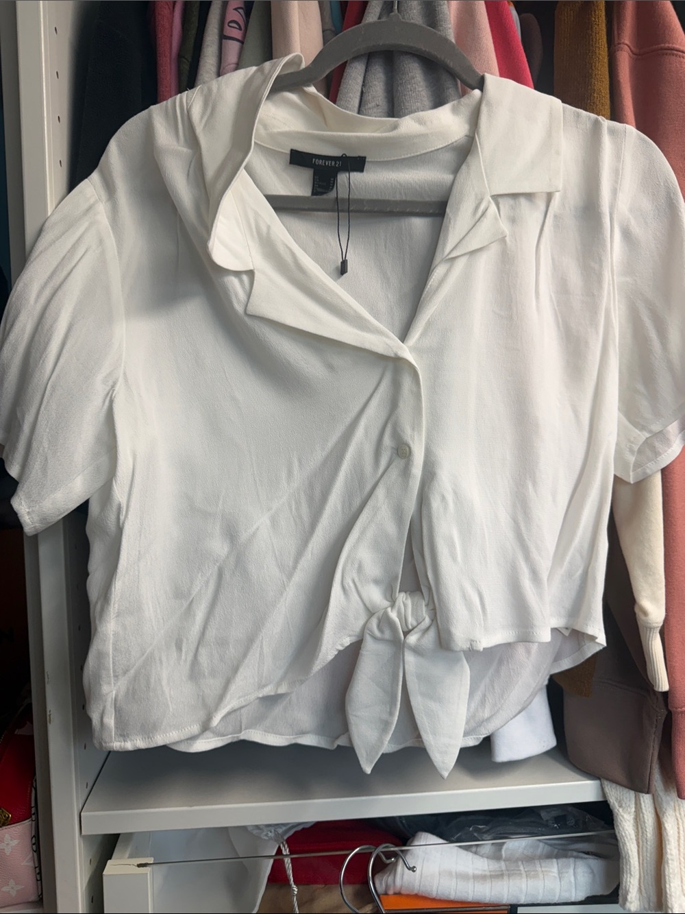 Forever 21 White Short-Sleeve Tie-Front Blouse